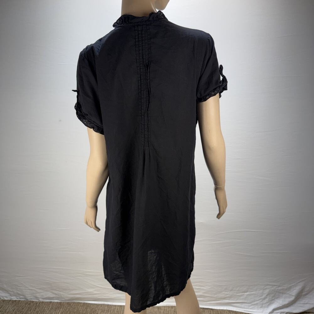 XCVI Ruffle Neck Button Up Shirt Dress Size L Black Gauze Cotton Short Sleeve - Picture 4 of 6